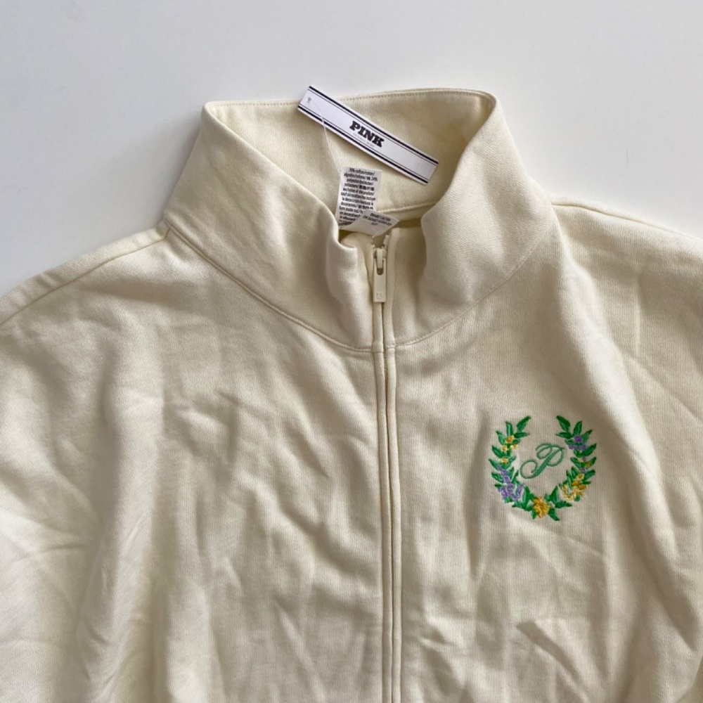PINK Victoria's Secret Sweatshirt Sweater Full Zip Ivory Embroidered Floral - Picture 2 of 3